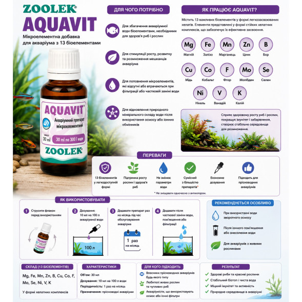Микроэлементная добавка Zoolek Aquavit 30 мл (0111) для аквариума с 13 биоэлементами