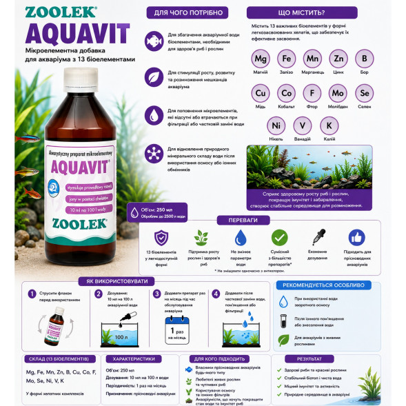 Мікроелементна добавка Zoolek Aquavit 250мл (0118) для акваріума з 13 біоелементами