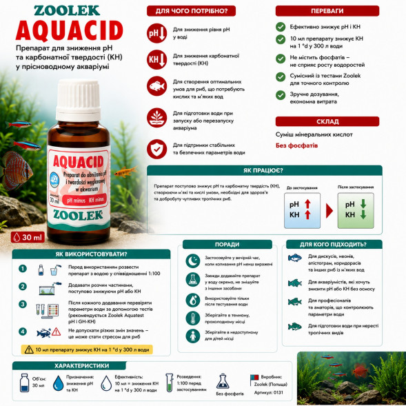 Снижение pH и карбонатной жесткости KH в пресноводном аквариуме Zoolek Aquacid 30мл (0131)