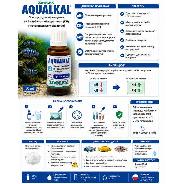 Підвищення рН і карбонатної жорсткості Zoolek Aqualkal 30мл (0141) для прісноводного акваріума