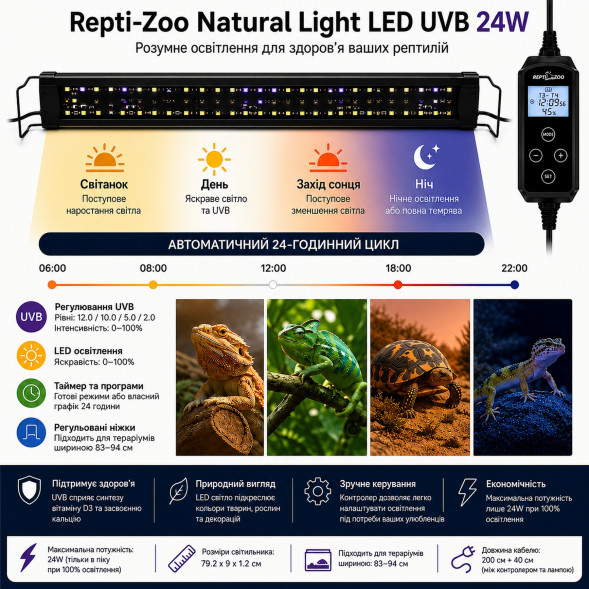 Світильник LED UVB Repti-Zoo Natural Light LED UVB 24W 83-94 см для тераріуму з контролером