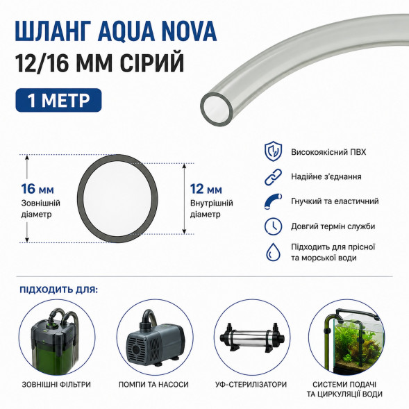 Шланг Aqua Nova 12/16 мм серый 1 м (TUB-12/16 GRAY-1) для наружных аквариумных фильтров.