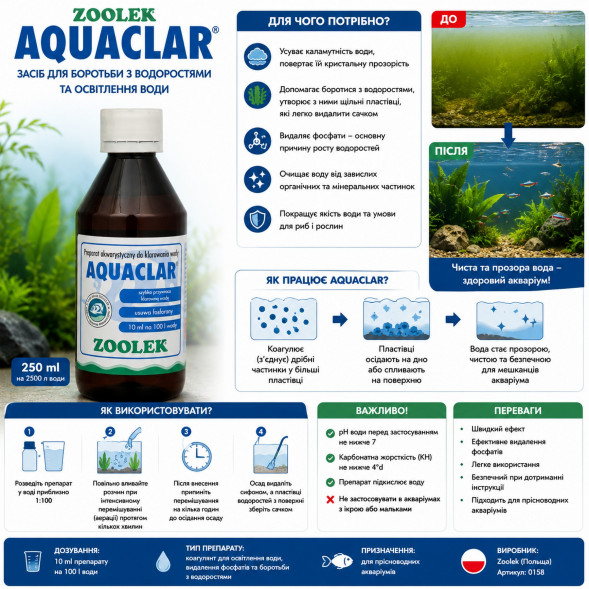 Засіб для боротьби з водоростями та освітлення води Zoolek Aquaclar 250 мл (0158) - видаляє фосфати та каламутність