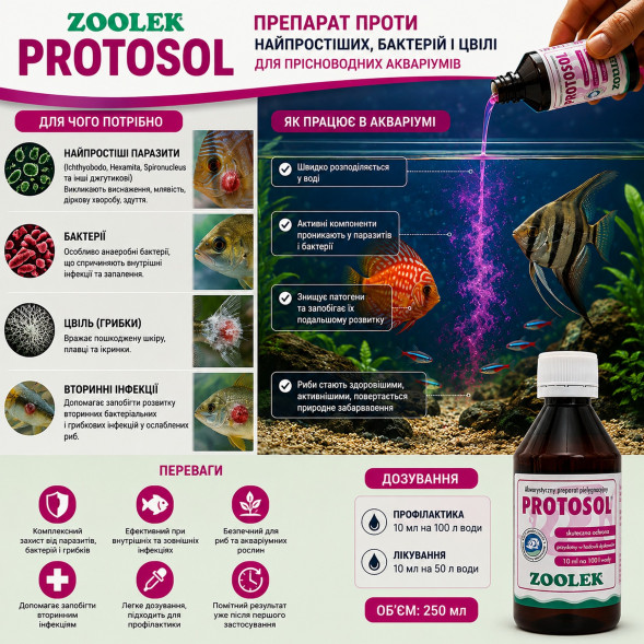 Препарат против простейших, бактерий и плесени Zoolek Protosol 250 мл (0518) для пресноводных аквариумов