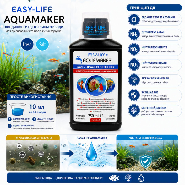 Кондиціонер і детоксикатор води Easy-Life AquaMaker 250мл (AQM0250) для прісноводних, морських акваріумів