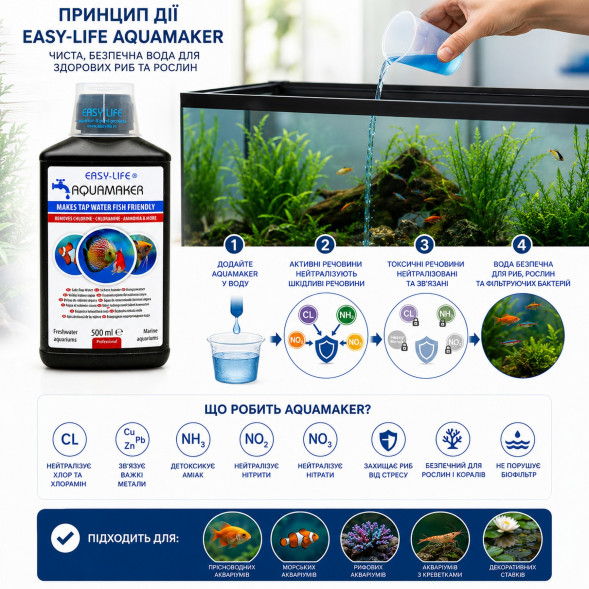 Кондиціонер і детоксикатор води Easy-Life AquaMaker 500 мл (AQM0500) для прісноводних, морських акваріумів