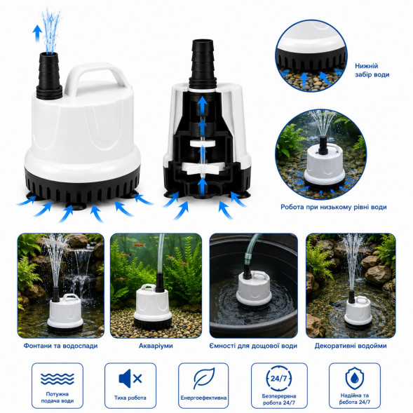 Помпа підйомна з низьким зануренням Kruger Meier ClearGenix 1800 л/г для фонтанів, акваріумів, ємностей