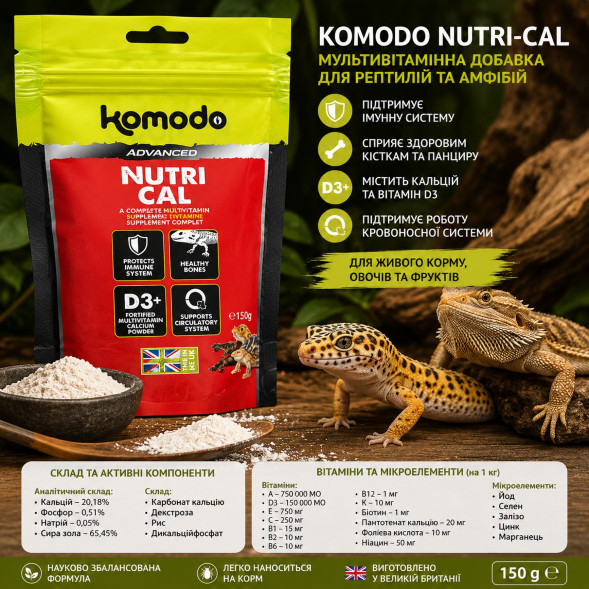 Мультивітамінна добавка Komodo Nutri-Cal 150 г з кальцієм D3 та вітамінами для рептилій і амфібій